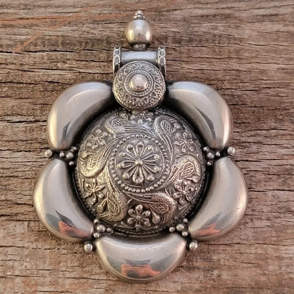 Vintage Sterling Large Boho Tribal Bird Repousee Statement Pendant